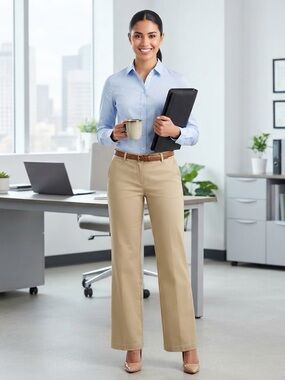 Kate Hill Wide-Leg Pants in Khaki with Light Blue Shirt